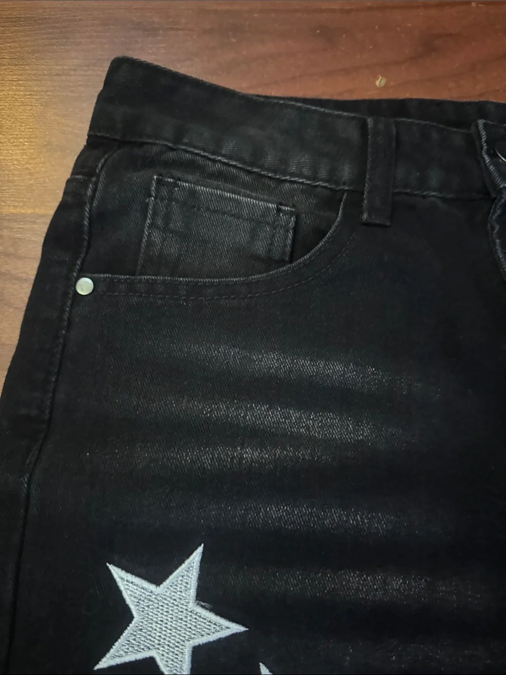 Black Distressed Men's Jeans with Star Patches